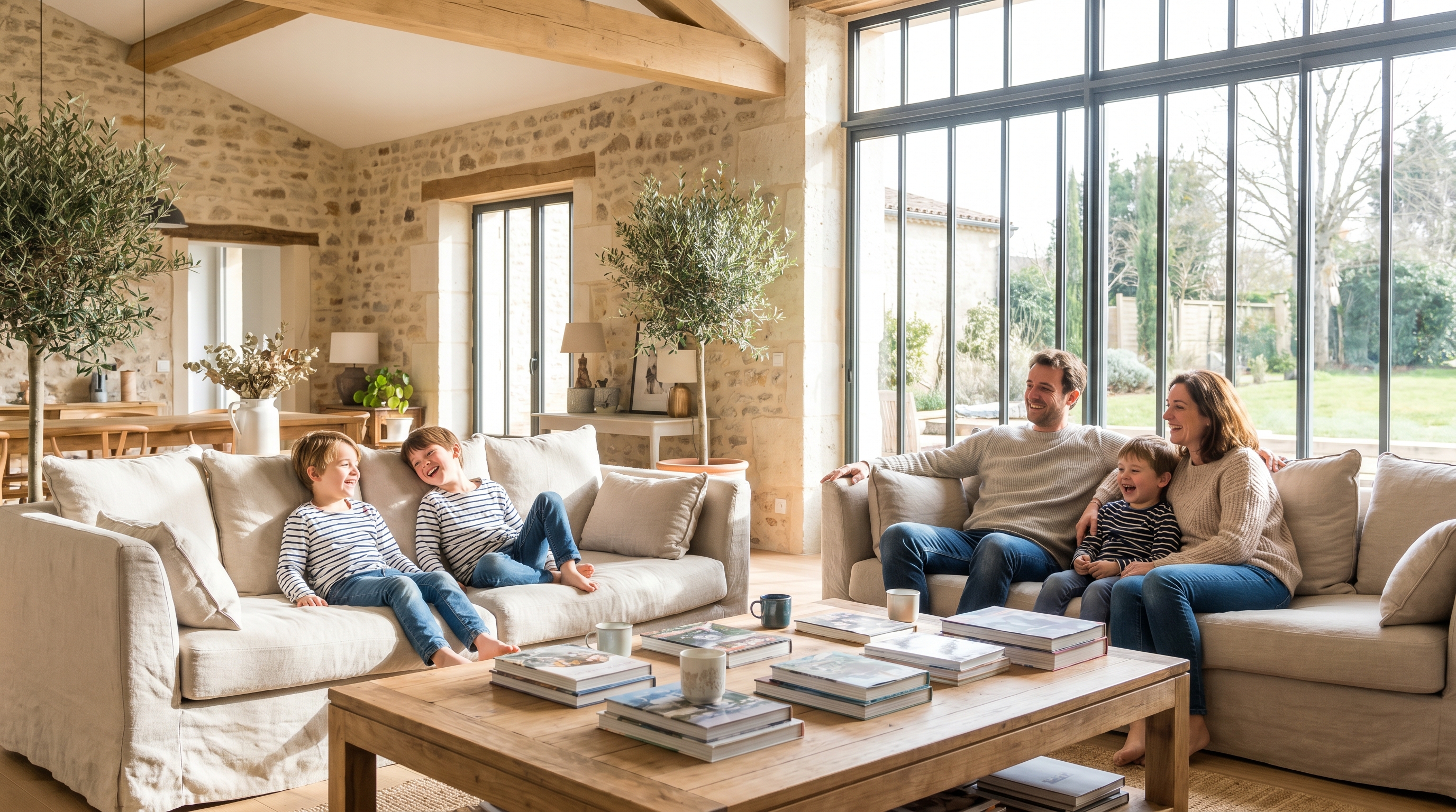 Famille heureuse dans son salon rénové en Provence